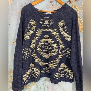 Women's Blue Long Sleeve Woven Aztec Sweater Size xl